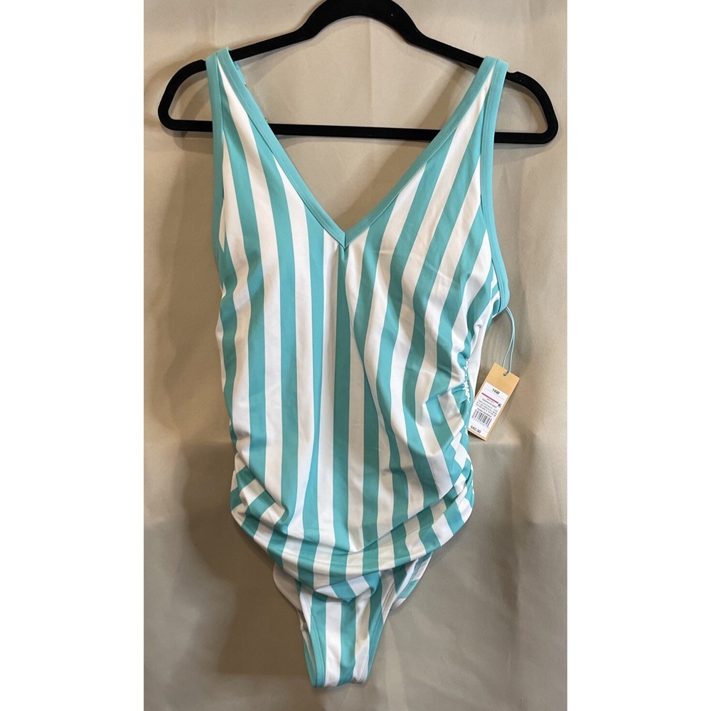 Kona Sol Womens 14W One Piece Swimsuit Teal White Striped V Neck Ruched NEW